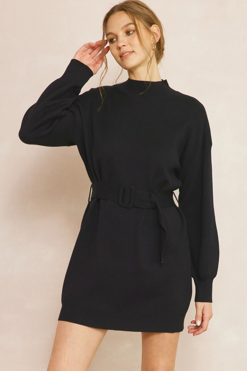 zSALE Collins Long Sleeve Belted Knit Sweater Mini Dress - Black