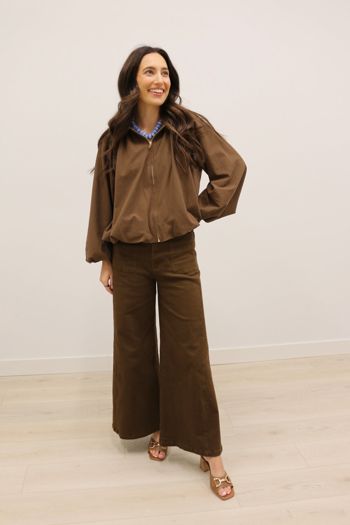 Beatrix Solid Bubble Hem Lightweight Jacket - Brown