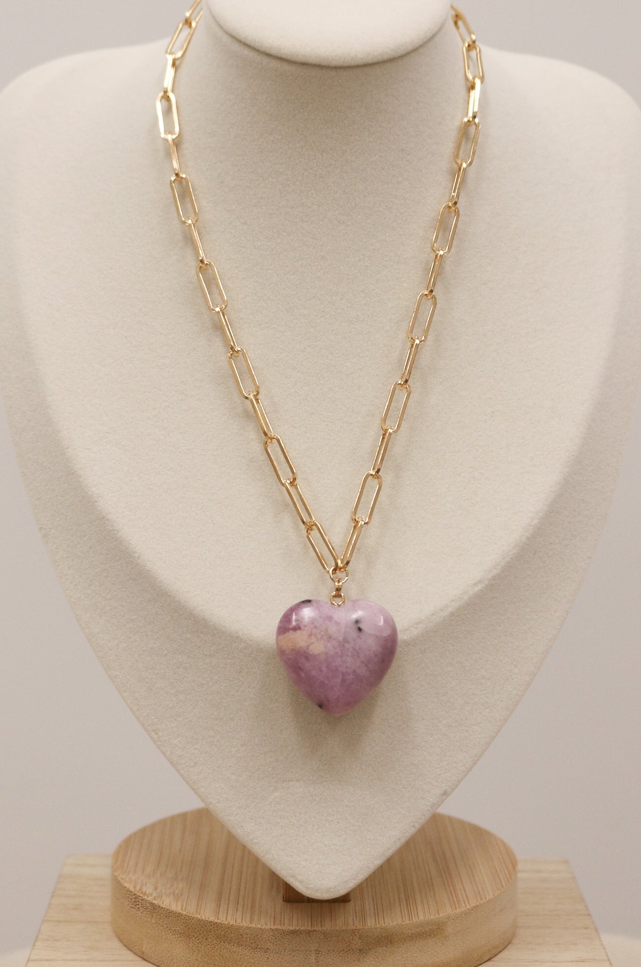 Britain Gold Paperclip Chain Necklace with Stone Heart - Lavender Purple