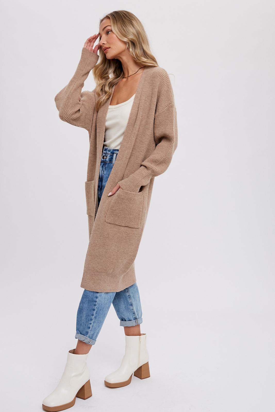 Chelsea Long Sleeve Mid Length Open Front Knit Cardigan - Latte
