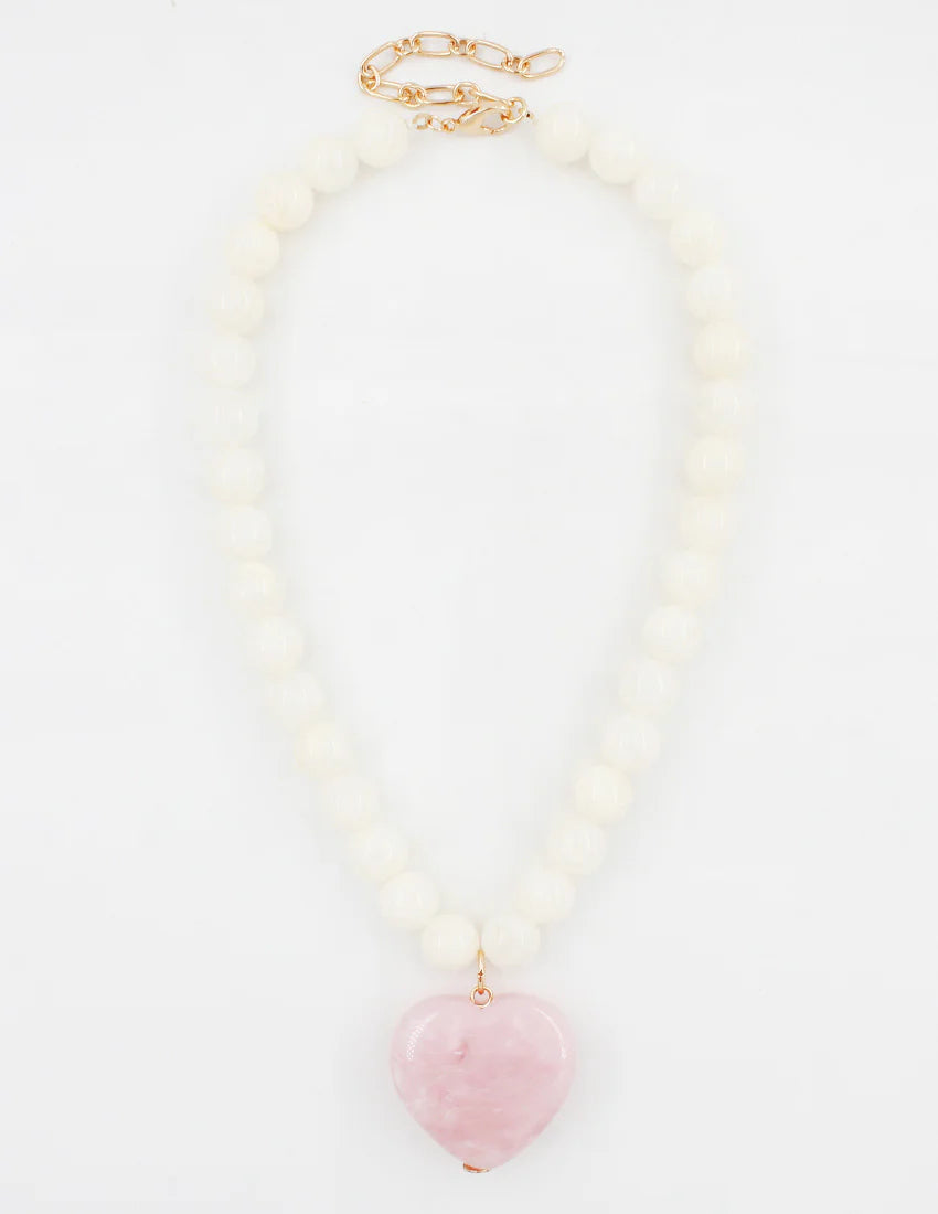 Clarette Beaded Necklace with Contrast Heart Pendant - White Pink