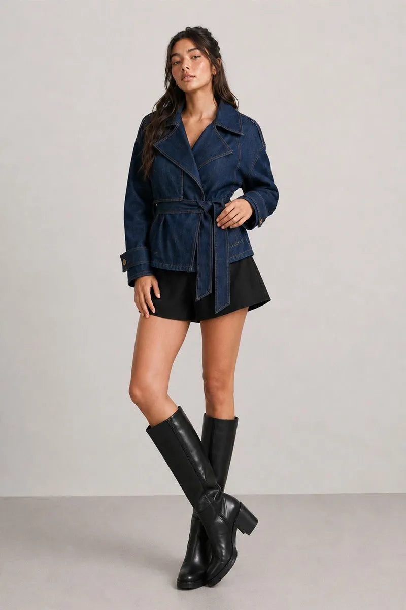 Miranda Denim Cropped Belted Trench Coat - Dark Wash