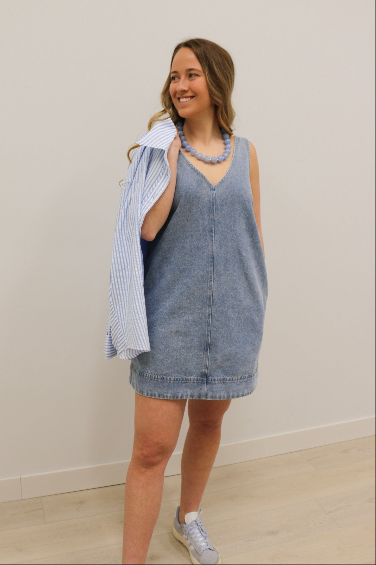 Dara Washed Denim Sleeveless V Neck Mini Dress - Light Blue