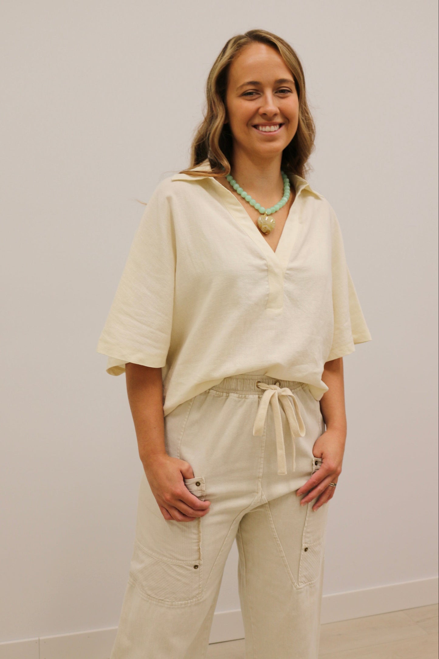 Devyn Drawstring Waist Wide Leg Utility Trouser - Natural Cream