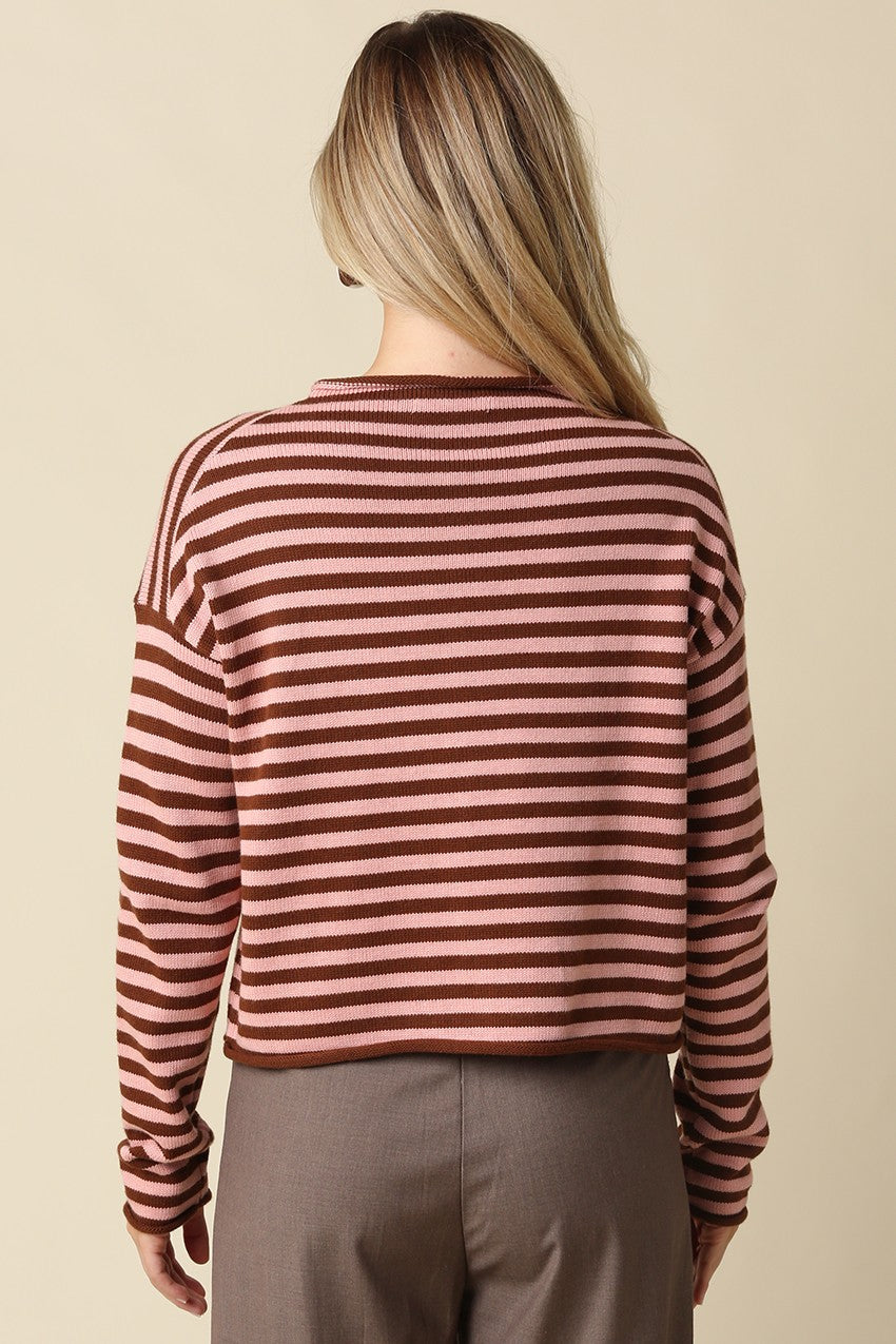 Elina Striped Long Sleeve Button Front Roll Collar Cardigan - Brown Dark Blush