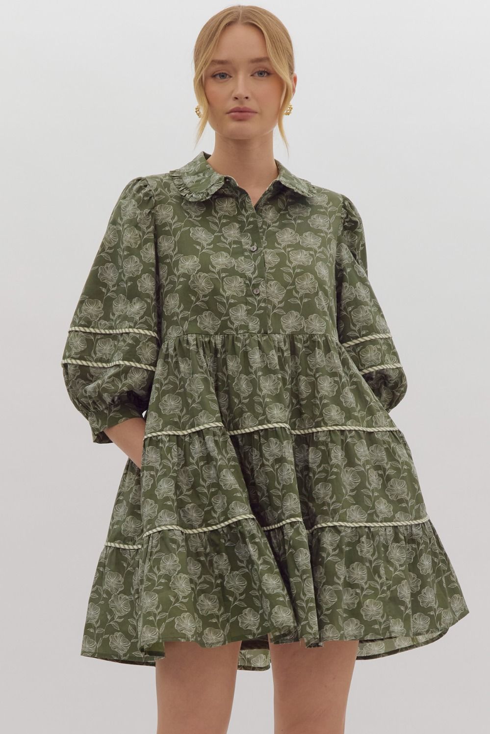 Elle Floral Print Contrast Trim Half Sleeve Mini Dress - Olive Green Goldfinch Boutique Elle Floral Print Contrast Trim Half Sleeve Mini Dress - Olive Green Goldfinch Boutique