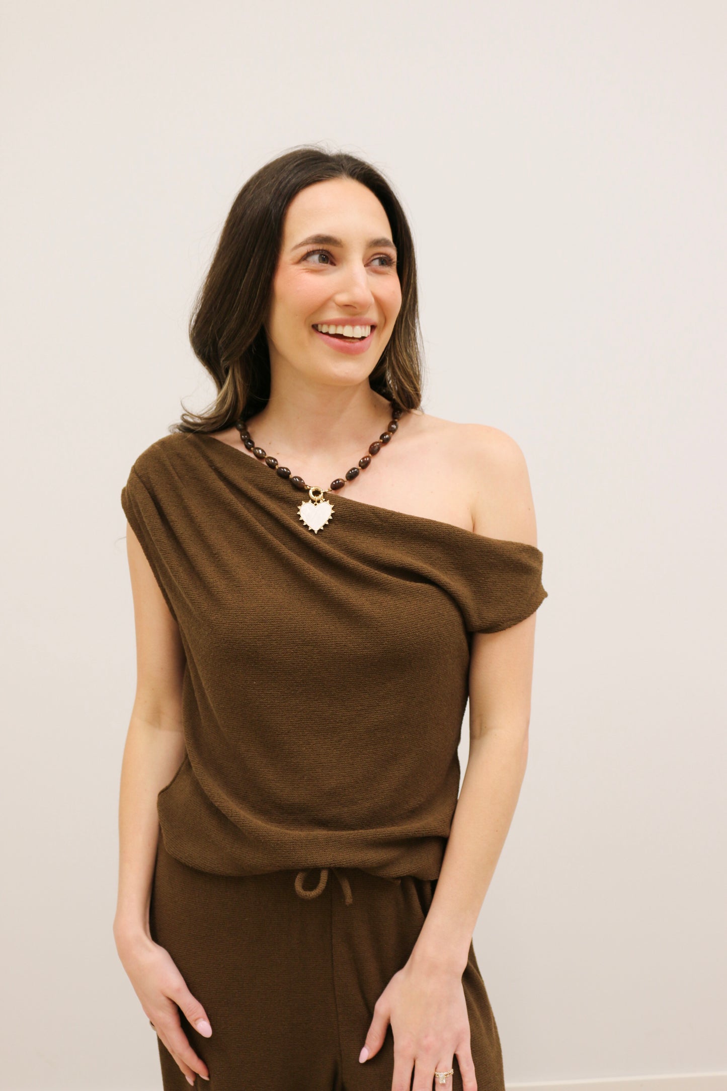 Julia Beaded Natural Stone Heart Pendant Necklace - Brown