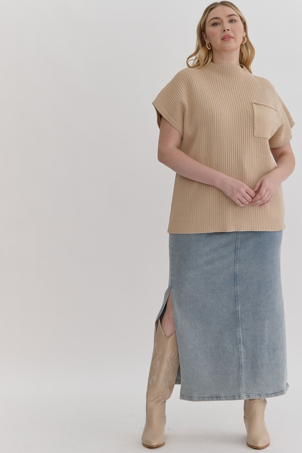 Elodie Curve Short Sleeve Cropped Mock Neck Pocket Knit - Natural