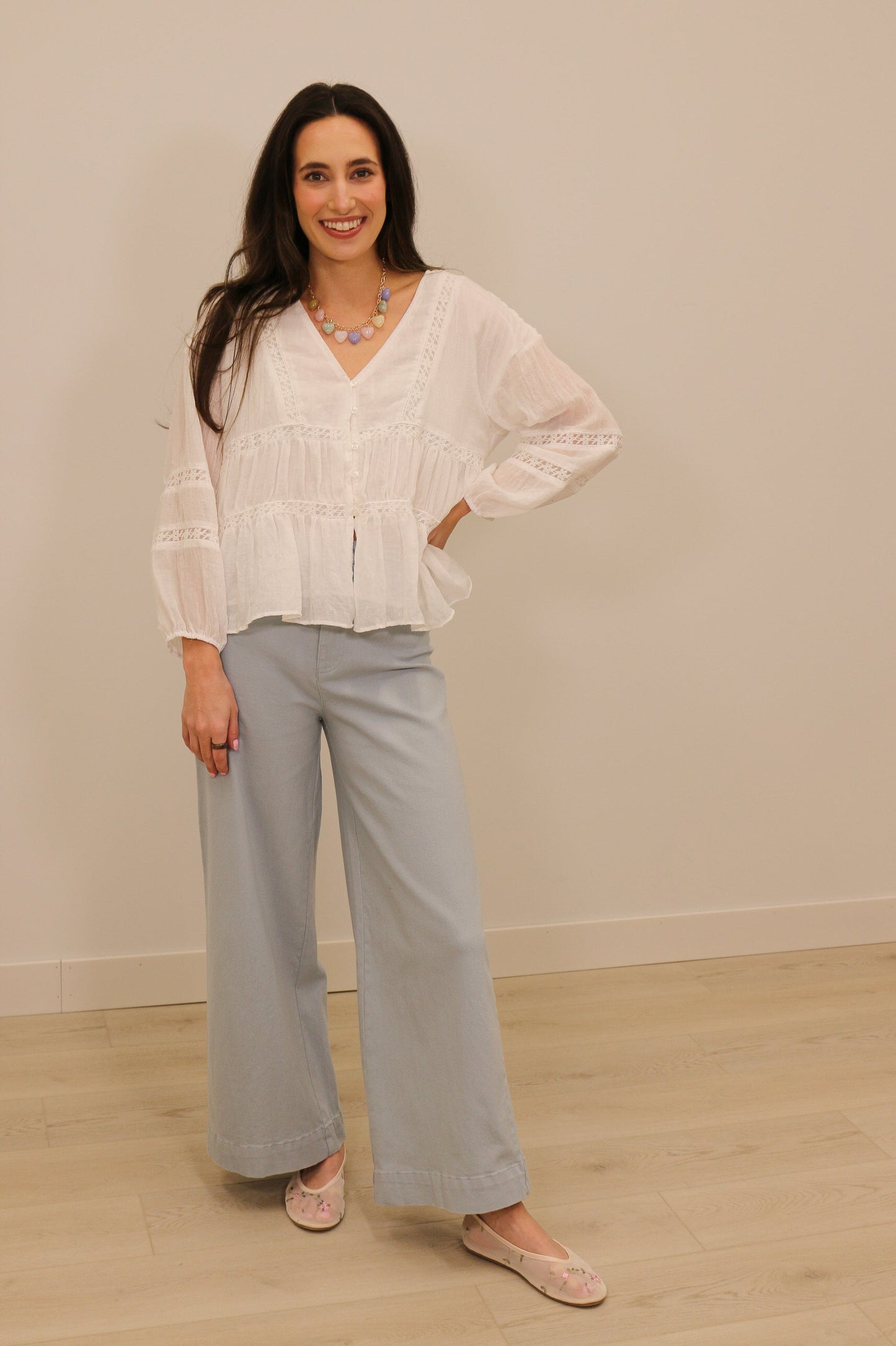 Emma Relaxed Gauze Lace Button Front Long Sleeve Blouse - White