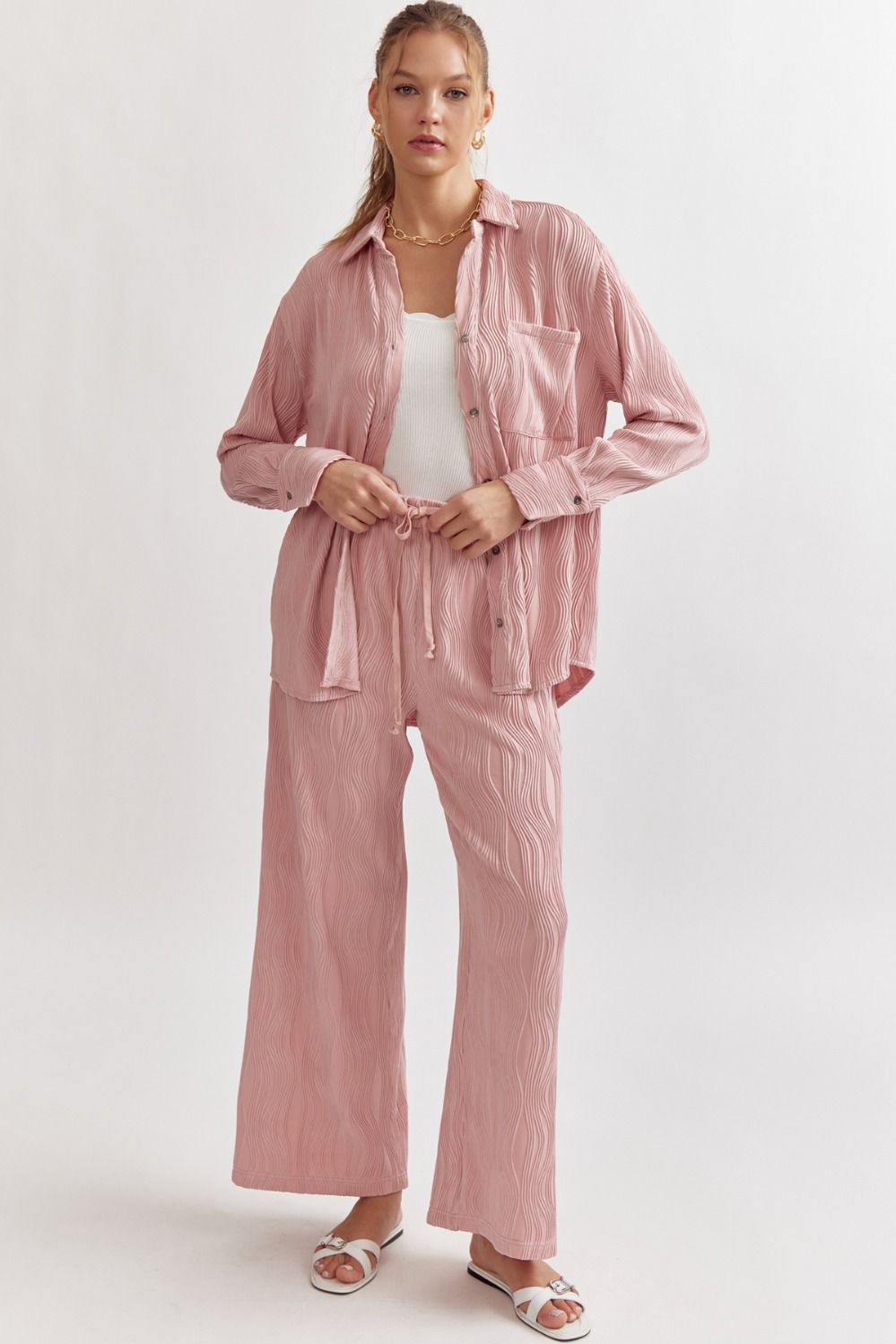 Wave Textured Long Sleeve Button Up Blouse - Blush Pink