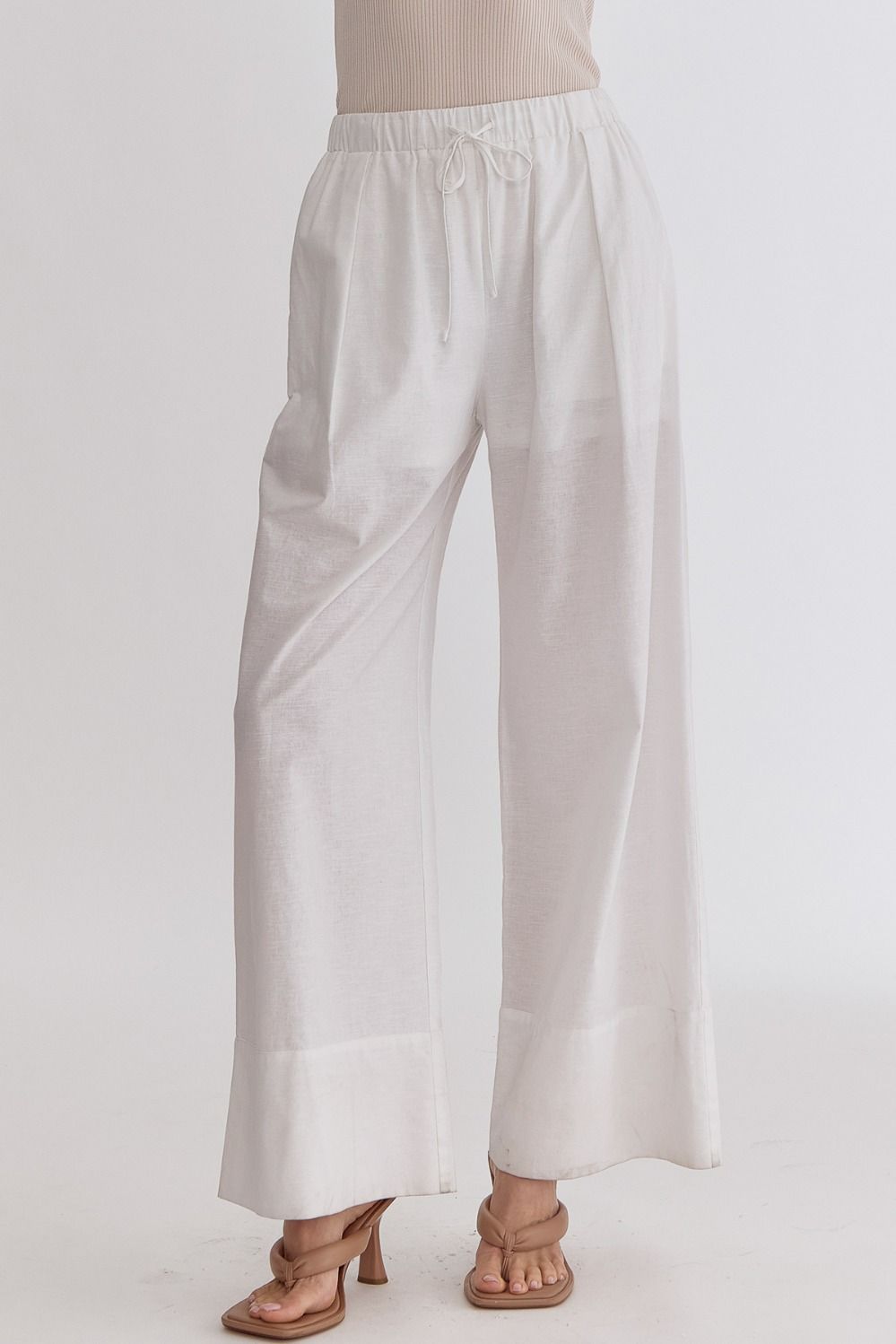 Classic Solid High Waisted Wide Leg Linen Drawstring Waist Pant - White