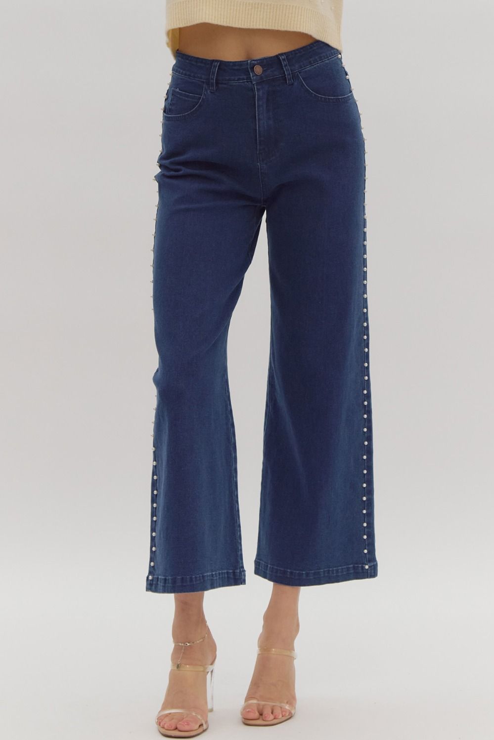 Pearl Studded High Waisted Wide Leg Stretch Denim - Dark Denim