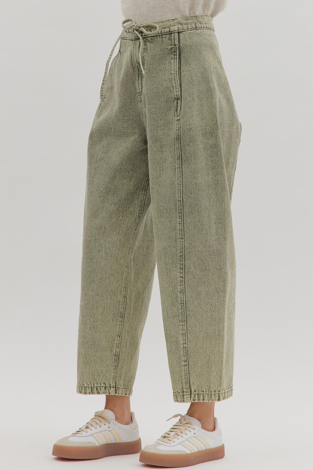 Romy High Waisted Ankle Length Barrel Jean Tie Front - Olive Green