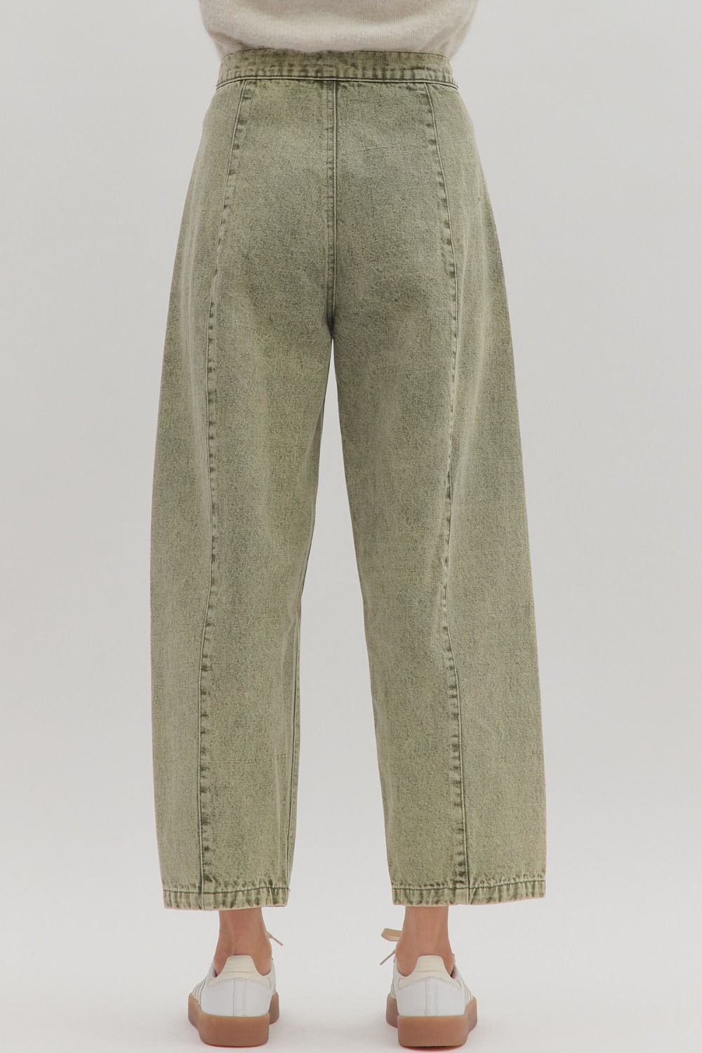 Romy High Waisted Ankle Length Barrel Jean Tie Front - Olive Green