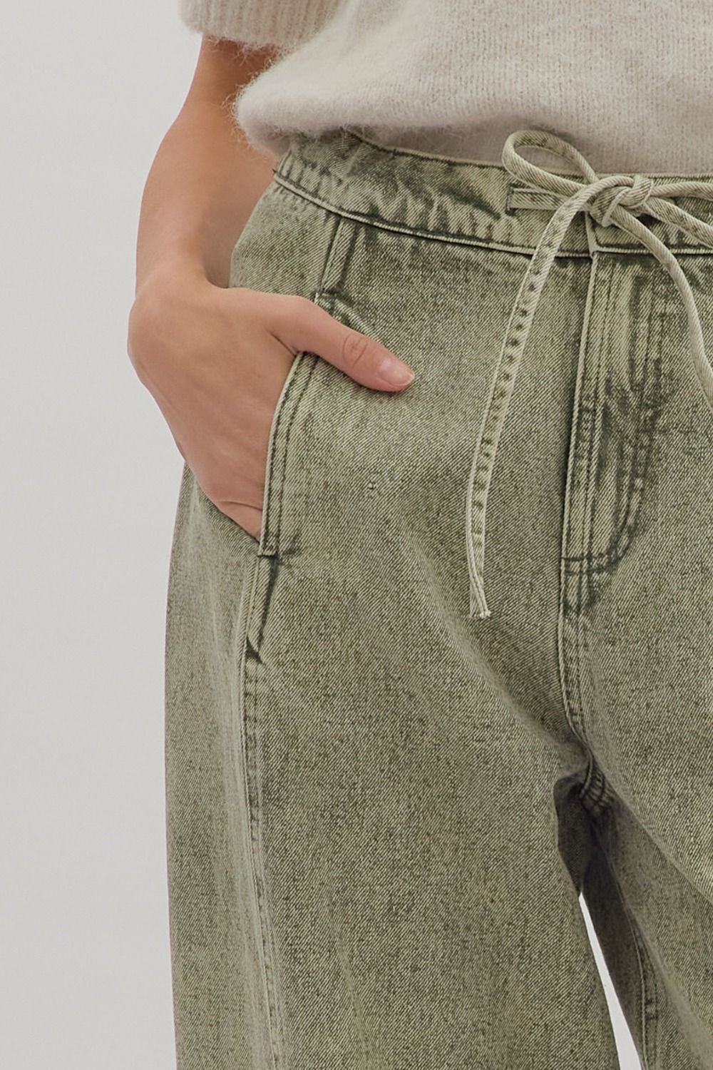 Romy High Waisted Ankle Length Barrel Jean Tie Front - Olive Green