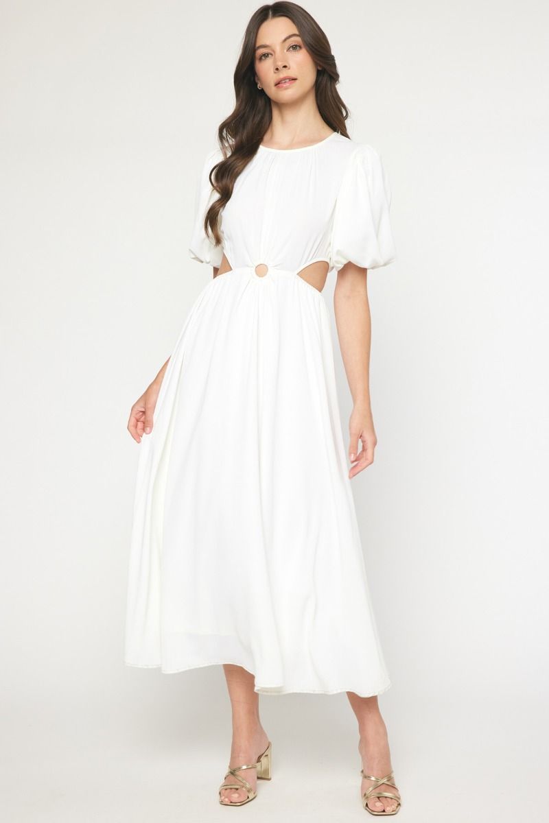 Cut Out Sides O Ring Puff Sleeve Midi Dress - Off White