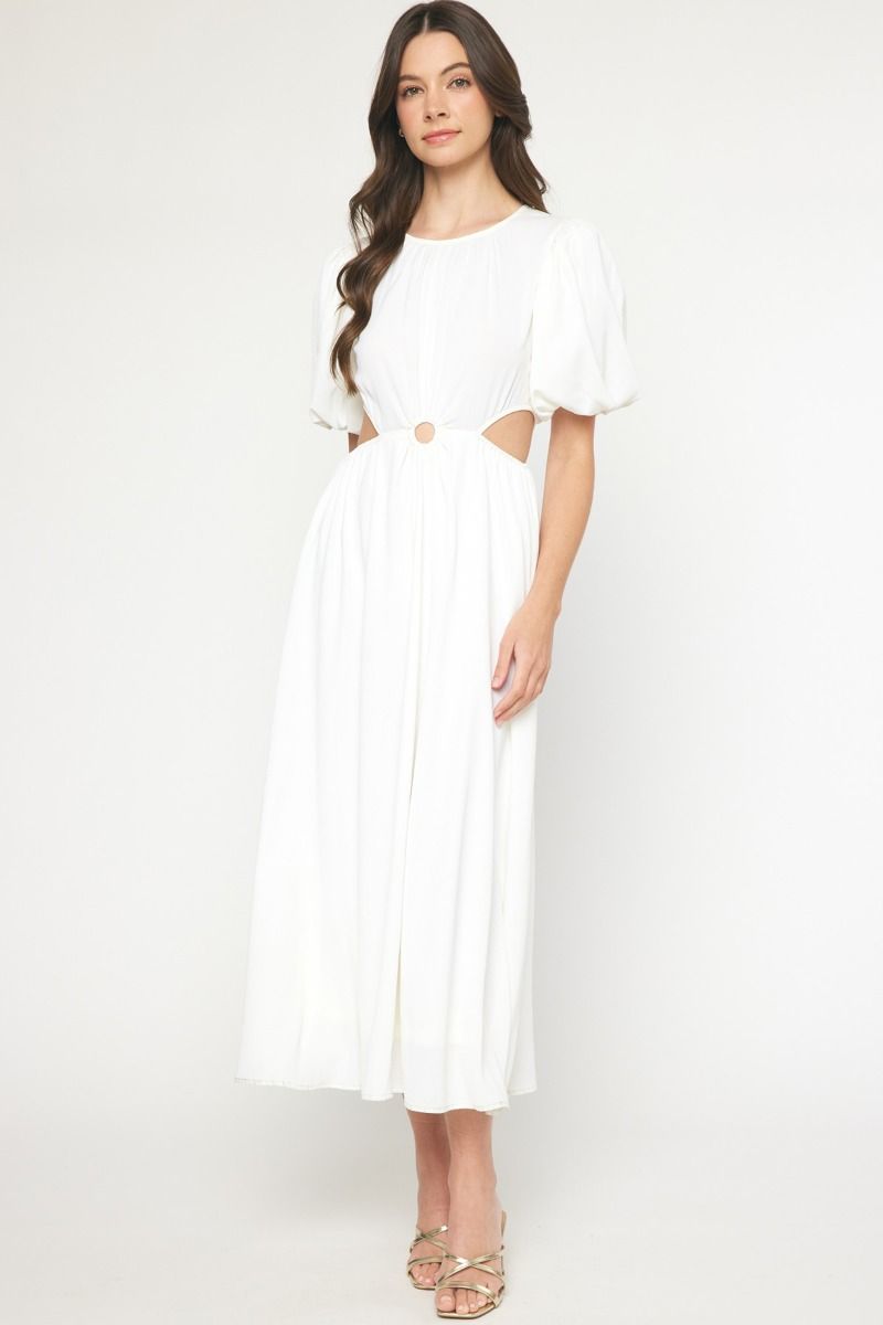 Cut Out Sides O Ring Puff Sleeve Midi Dress - Off White