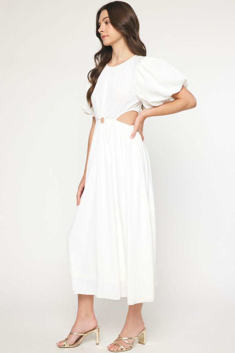 Cut Out Sides O Ring Puff Sleeve Midi Dress - Off White