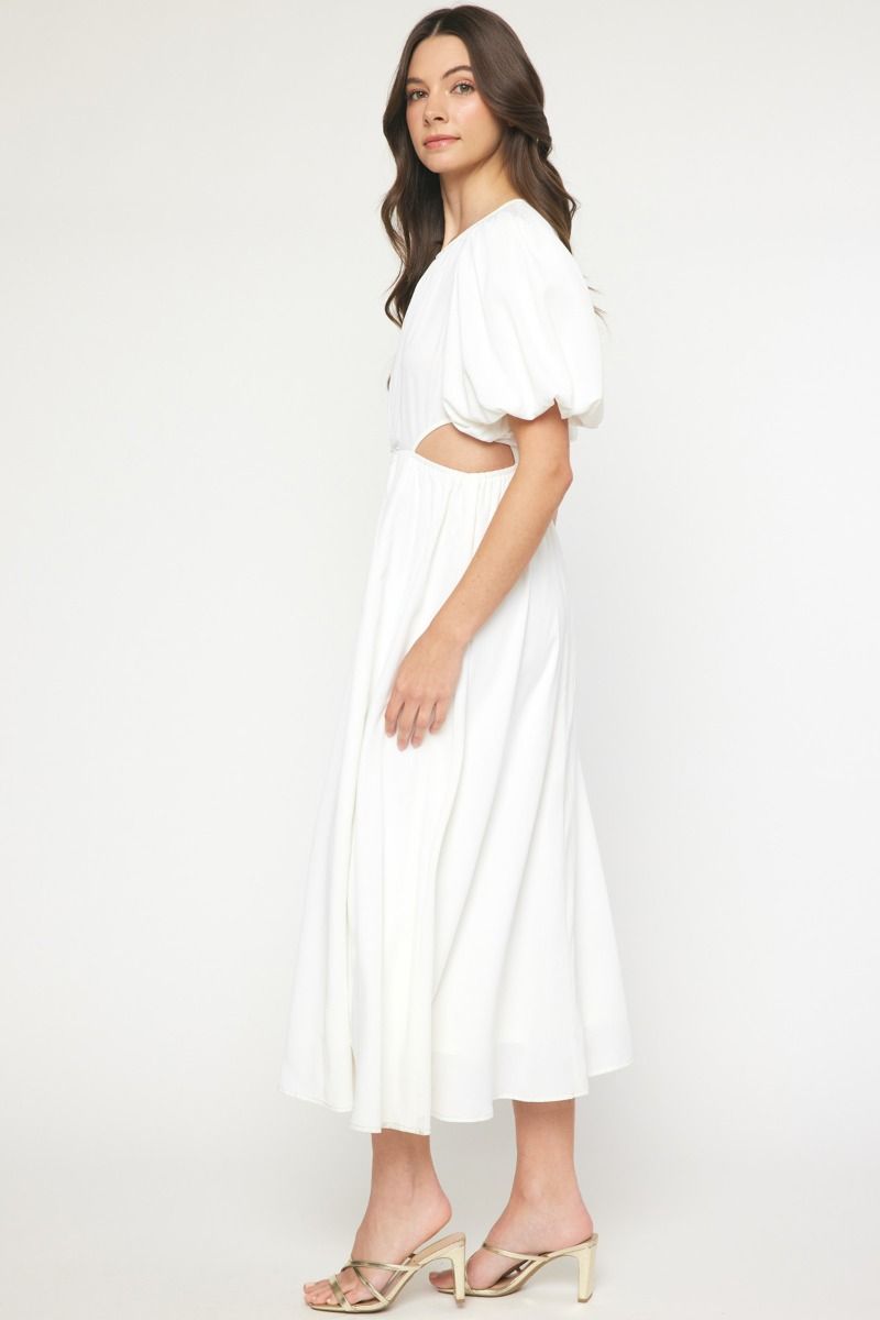 Cut Out Sides O Ring Puff Sleeve Midi Dress - Off White