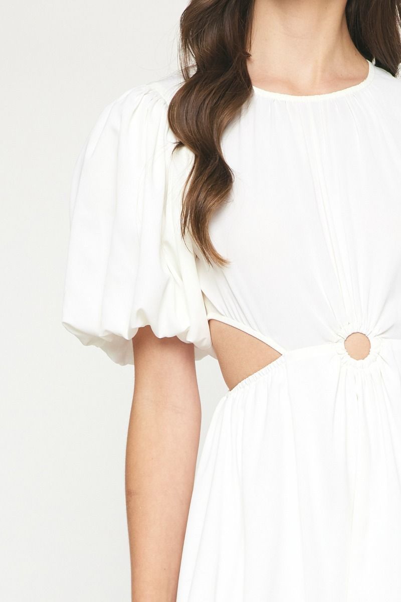 Cut Out Sides O Ring Puff Sleeve Midi Dress - Off White