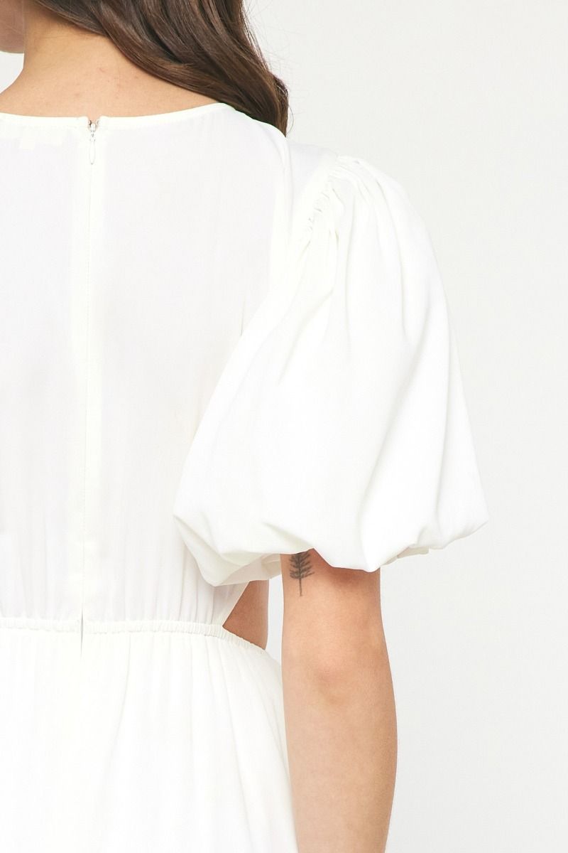 Cut Out Sides O Ring Puff Sleeve Midi Dress - Off White