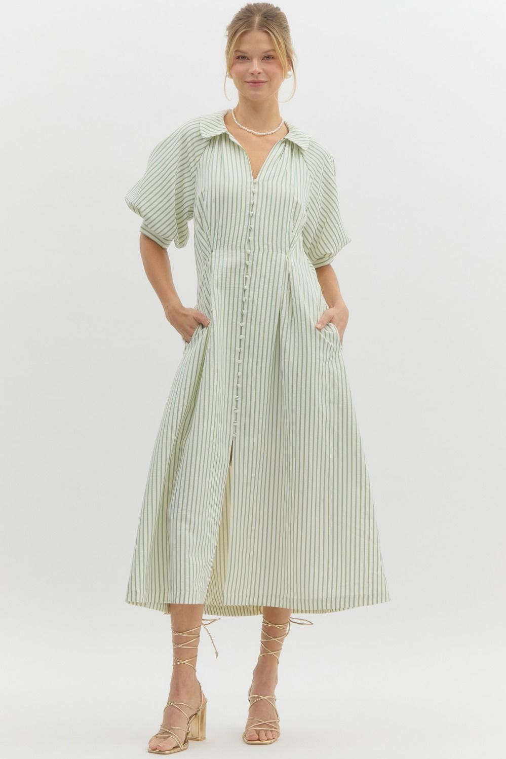 Vertical Stripe Short Sleeve Pleat Waisted Collared Midi Dress - Pale Green