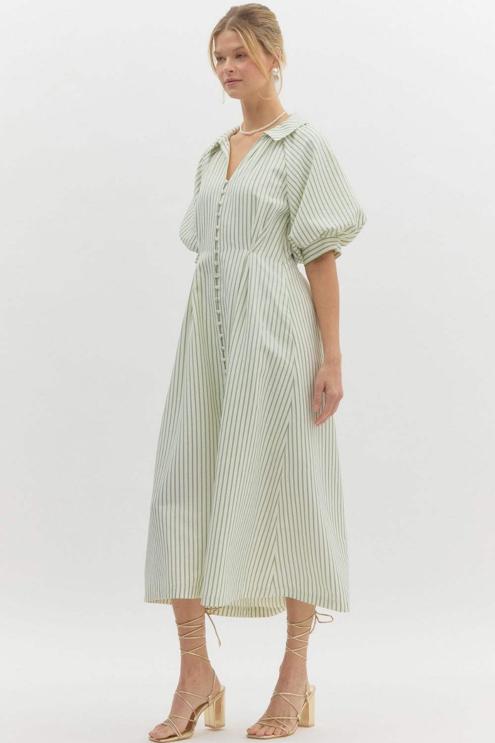 Vertical Stripe Short Sleeve Pleat Waisted Collared Midi Dress - Pale Green