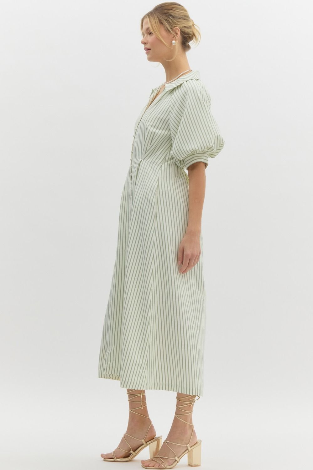 Vertical Stripe Short Sleeve Pleat Waisted Collared Midi Dress - Pale Green