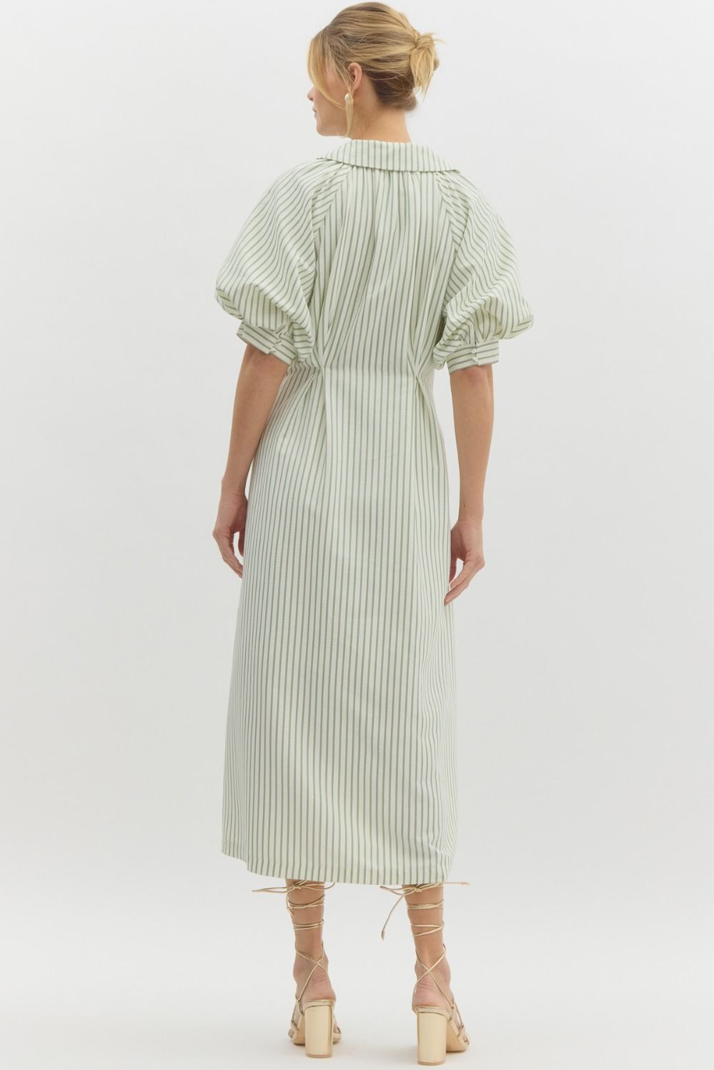 Vertical Stripe Short Sleeve Pleat Waisted Collared Midi Dress - Pale Green