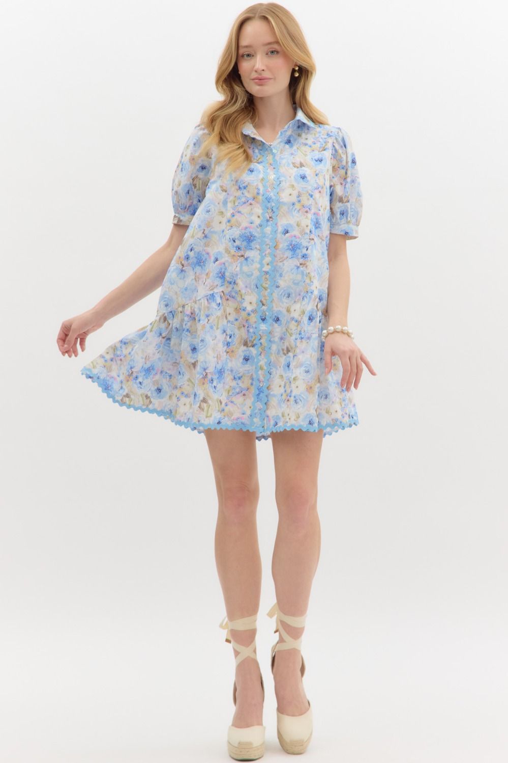 Floral Print Ric Rak Trim Short Sleeve Mini Dress - Blue Multi