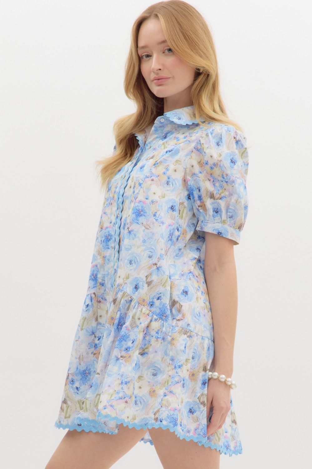 Floral Print Ric Rak Trim Short Sleeve Mini Dress - Blue Multi
