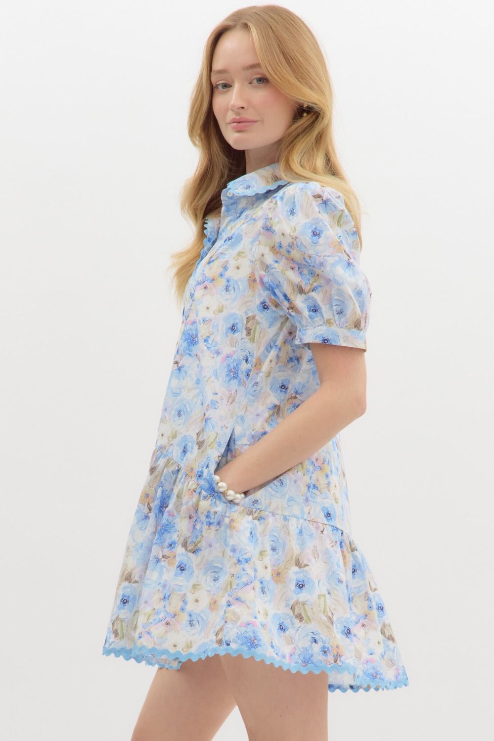Floral Print Ric Rak Trim Short Sleeve Mini Dress - Blue Multi