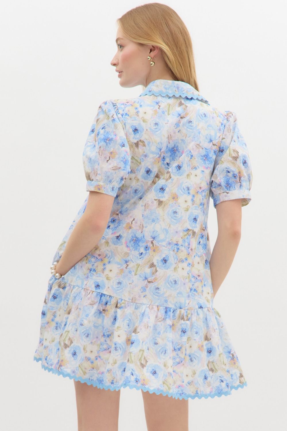 Floral Print Ric Rak Trim Short Sleeve Mini Dress - Blue Multi
