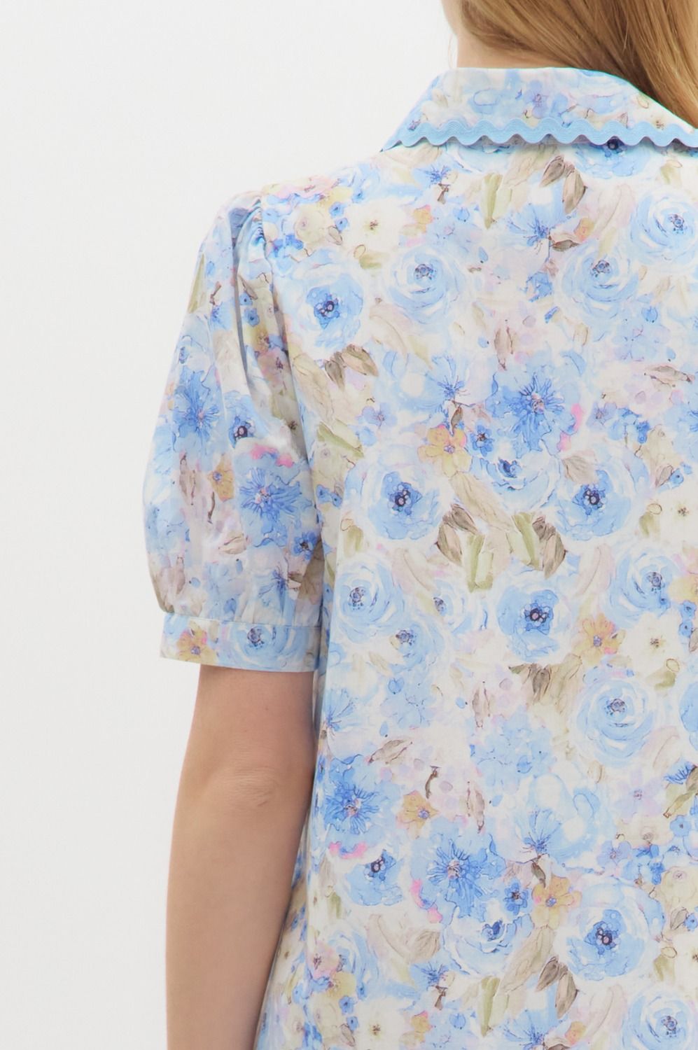 Floral Print Ric Rak Trim Short Sleeve Mini Dress - Blue Multi