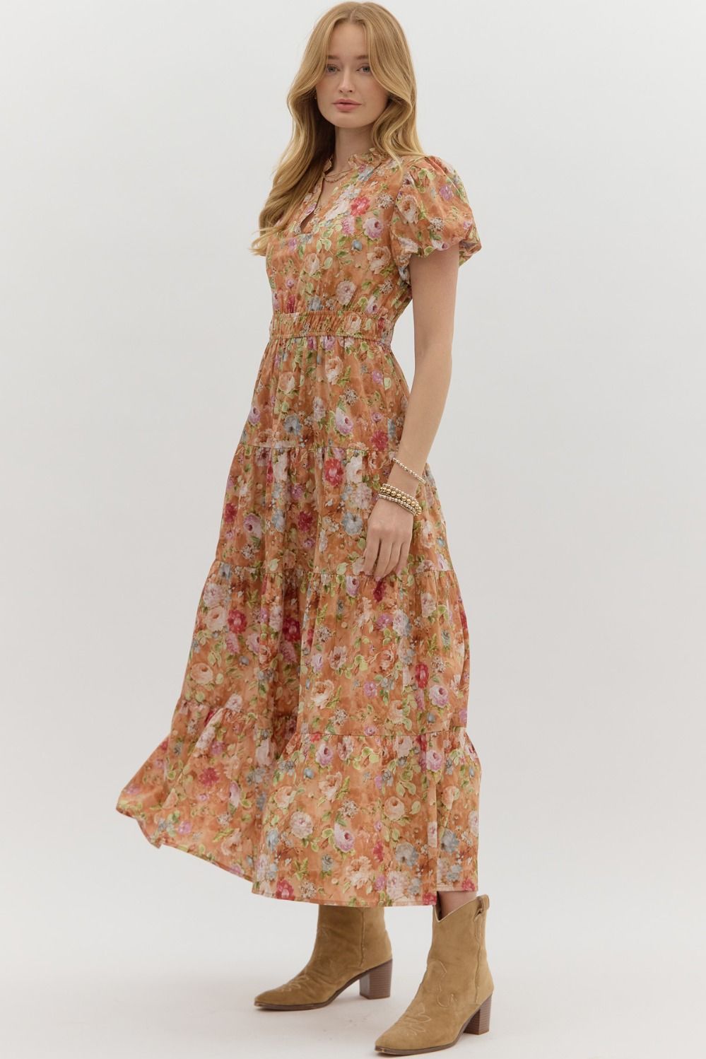 Vintage Bloom Floral Print Tiered Midi Dress Short Sleeve - Terra Cotta