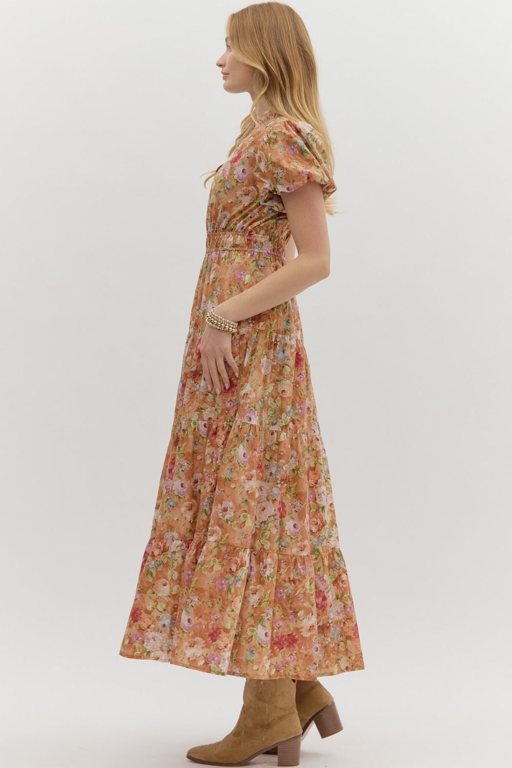 Vintage Bloom Floral Print Tiered Midi Dress Short Sleeve - Terra Cotta