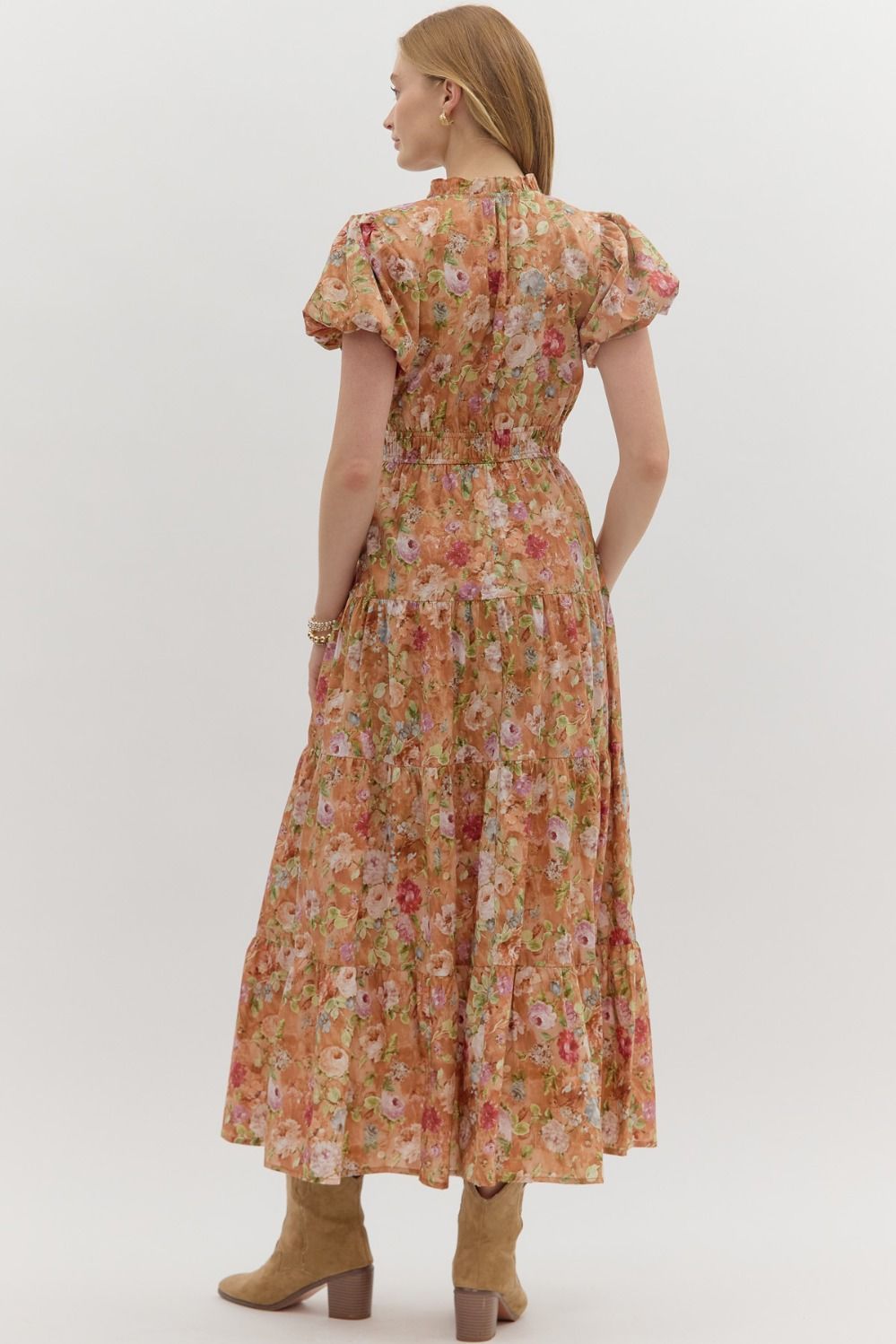 Vintage Bloom Floral Print Tiered Midi Dress Short Sleeve - Terra Cotta