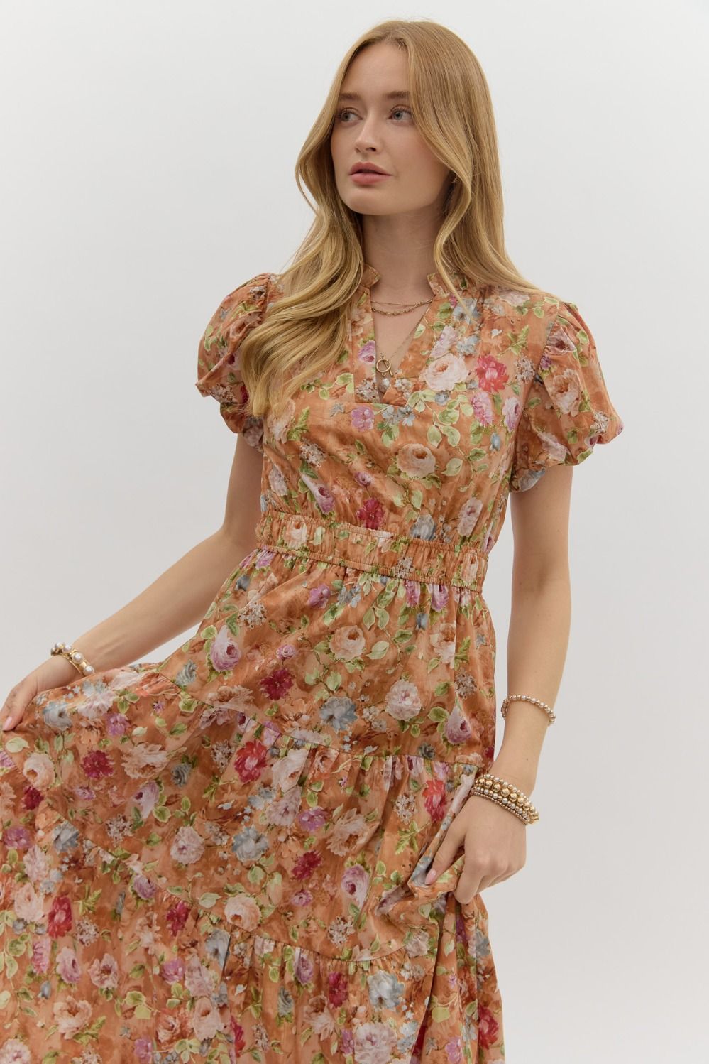 Vintage Bloom Floral Print Tiered Midi Dress Short Sleeve - Terra Cotta
