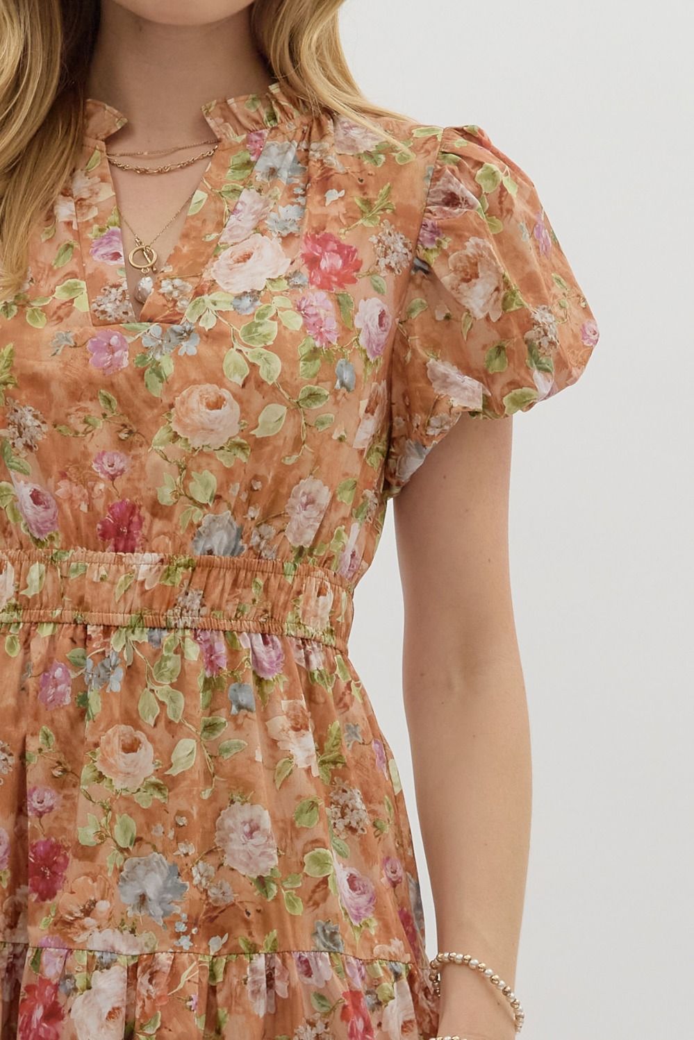 Vintage Bloom Floral Print Tiered Midi Dress Short Sleeve - Terra Cotta