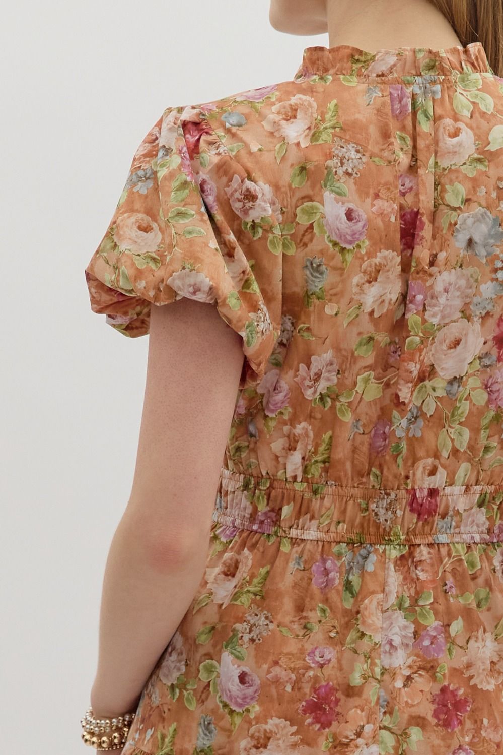 Vintage Bloom Floral Print Tiered Midi Dress Short Sleeve - Terra Cotta