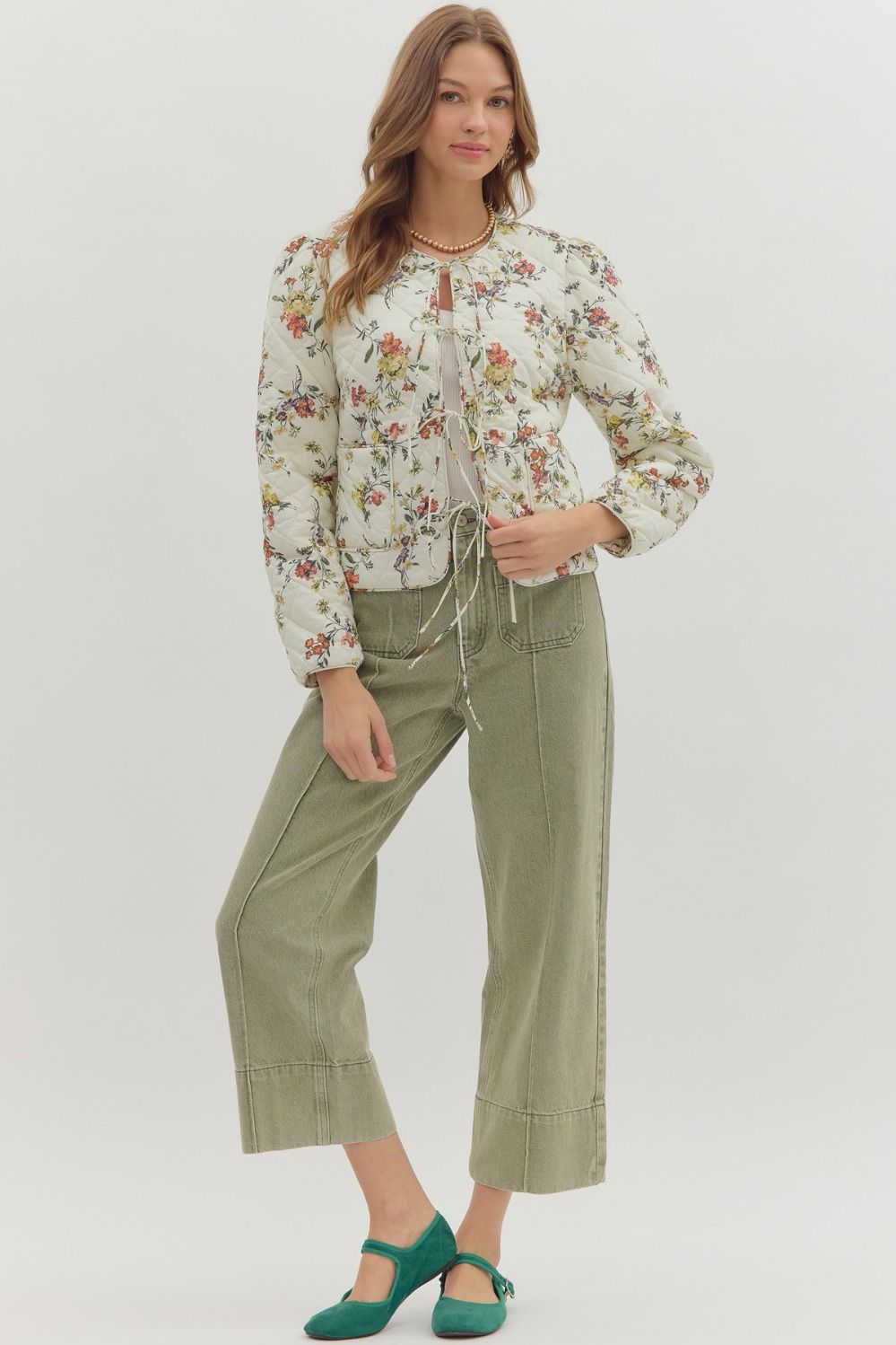 Romance in Bloom Floral Quilted Tie Front Long Sleeve Jacket - Ecru Multi