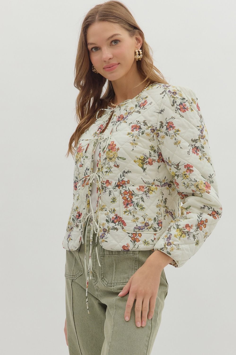 Romance in Bloom Floral Quilted Tie Front Long Sleeve Jacket - Ecru Multi