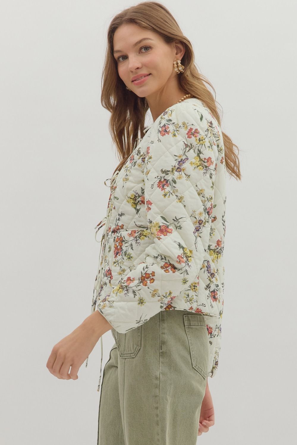 Romance in Bloom Floral Quilted Tie Front Long Sleeve Jacket - Ecru Multi