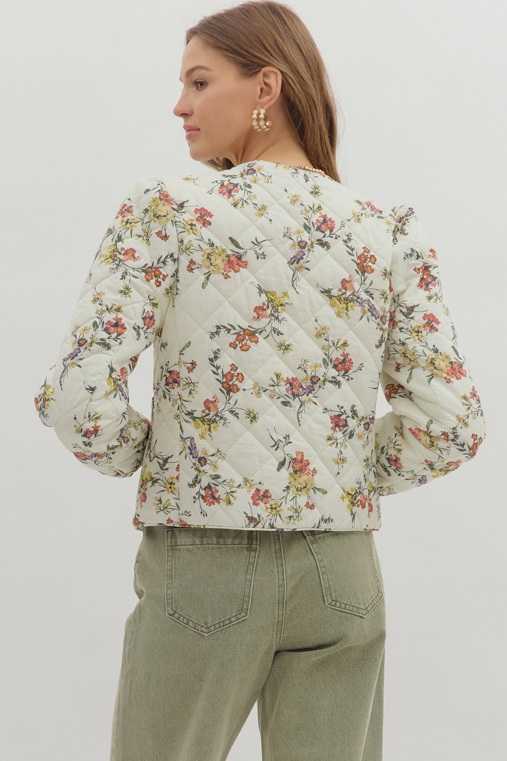 Romance in Bloom Floral Quilted Tie Front Long Sleeve Jacket - Ecru Multi