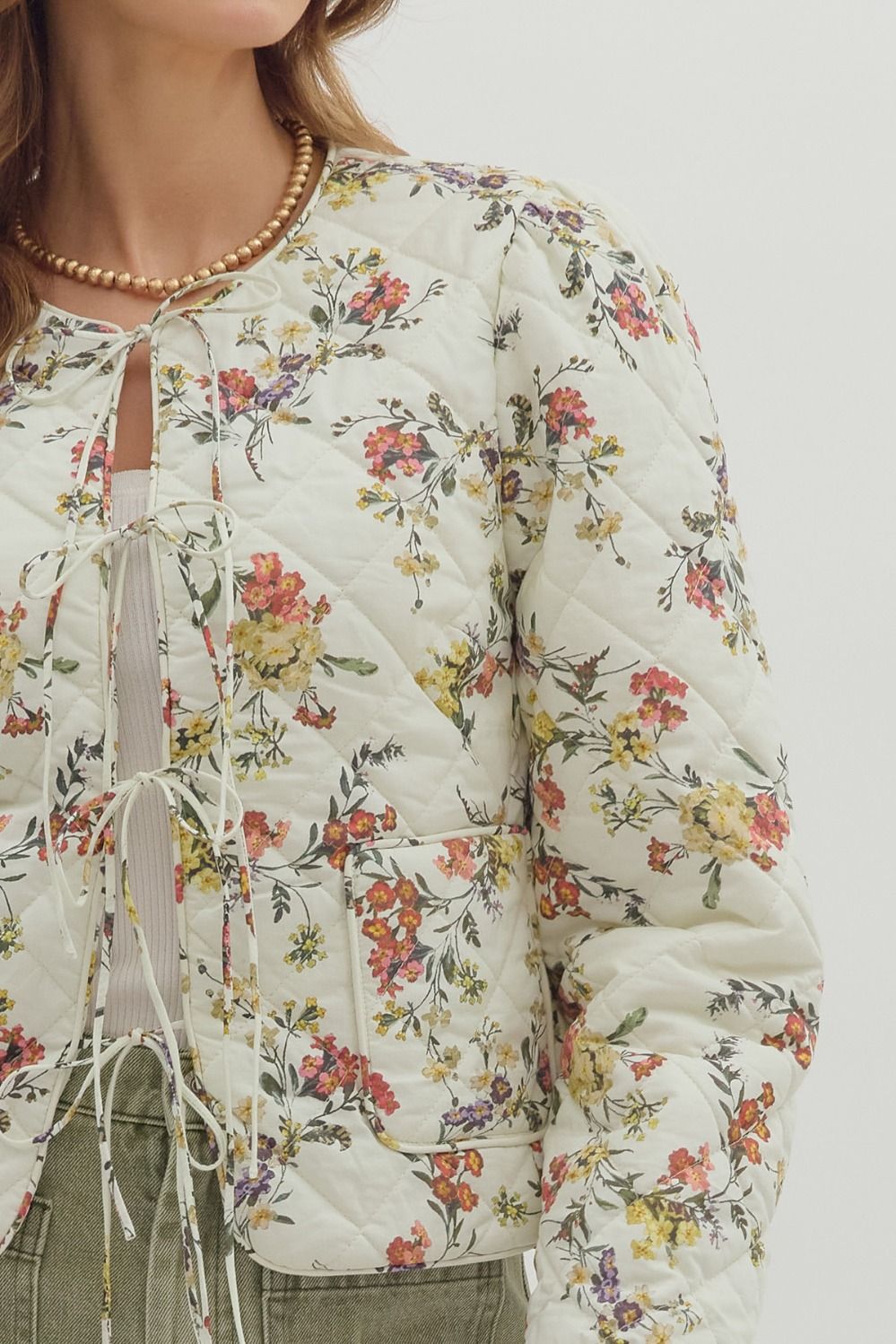 Romance in Bloom Floral Quilted Tie Front Long Sleeve Jacket - Ecru Multi