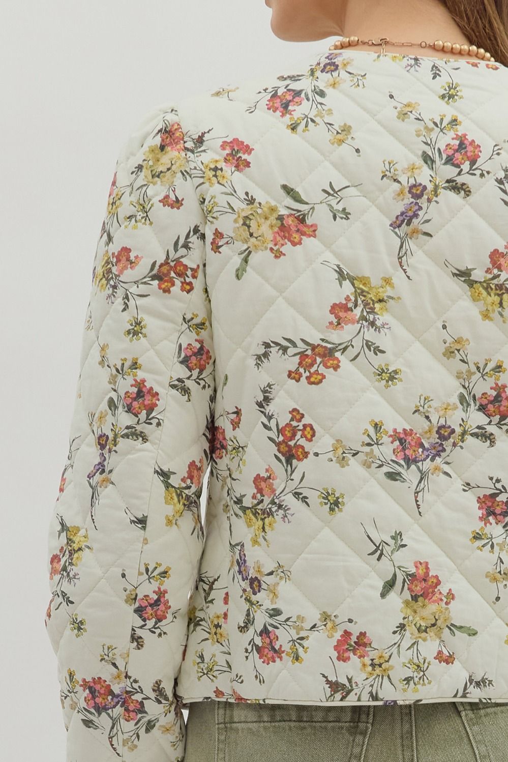 Romance in Bloom Floral Quilted Tie Front Long Sleeve Jacket - Ecru Multi
