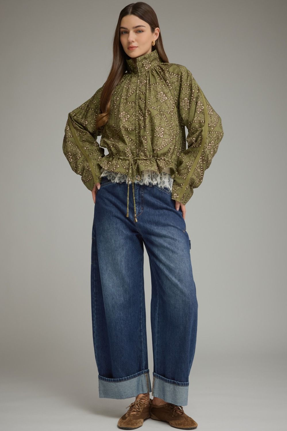 Bandana Print Funnel Neck Long Sleeve Lightweight Jacket - Olive Green