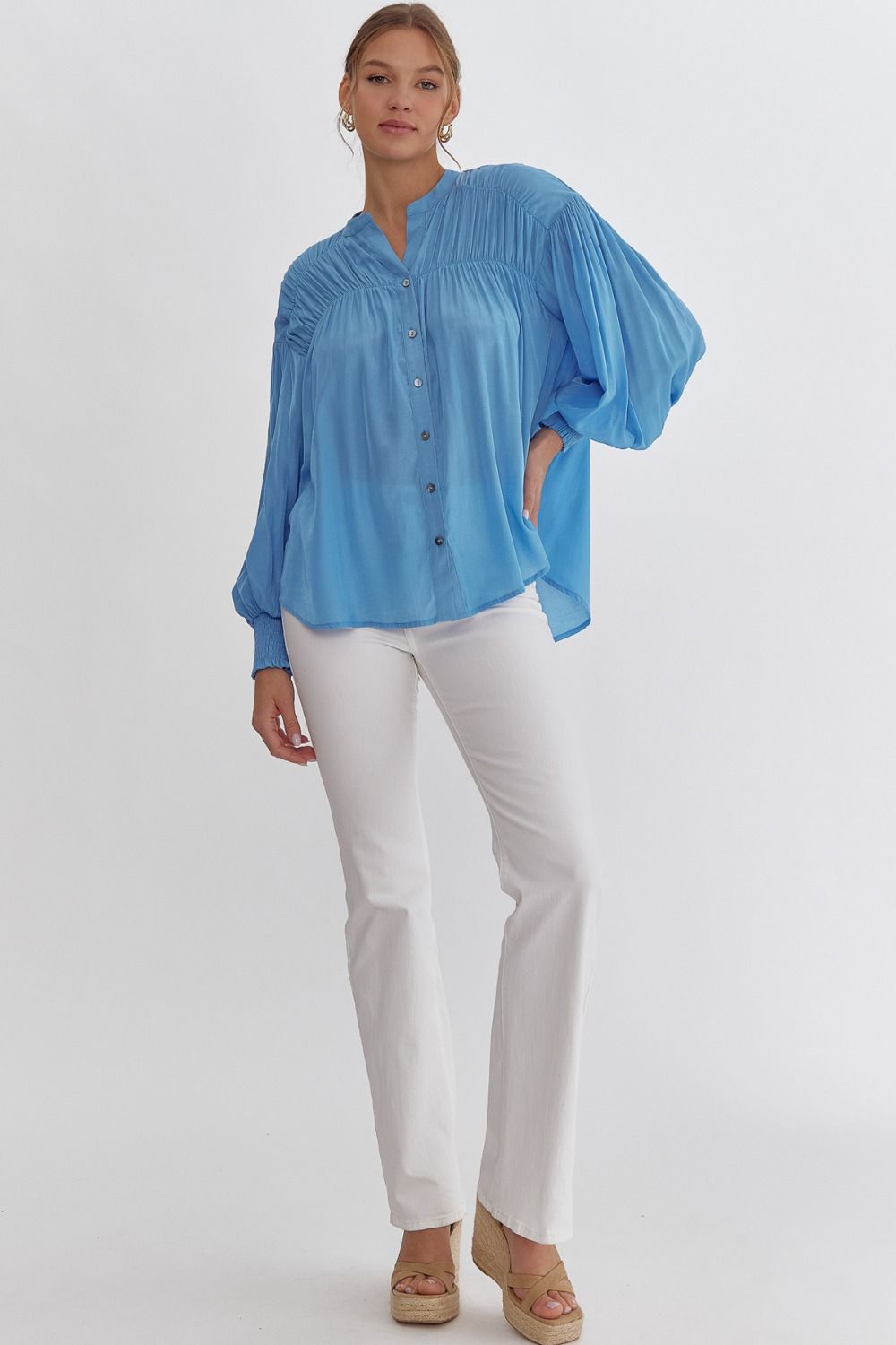 Sara Pleated Detail Long Sleeve Button Up Blouse - French Blue