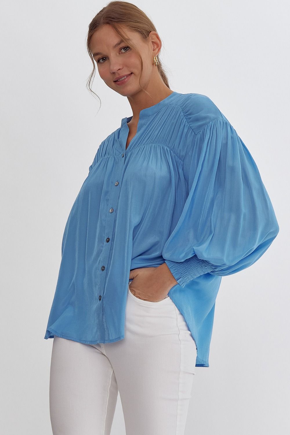 Sara Pleated Detail Long Sleeve Button Up Blouse - French Blue