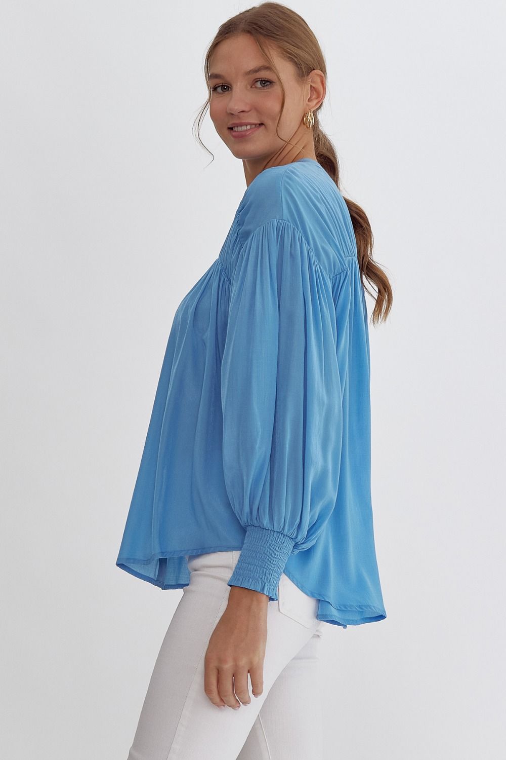 Sara Pleated Detail Long Sleeve Button Up Blouse - French Blue